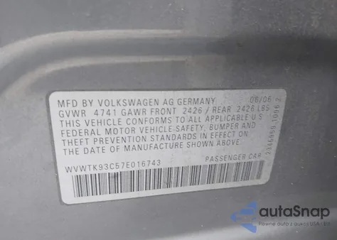 2007 Volkswagen Passat 2.0T z USA, uszkodzony, nr VIN WVWTK93C57E016743